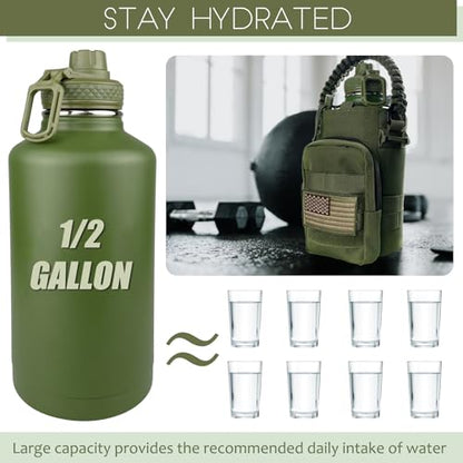 DEFUNX 64 Oz Insulated Water Bottle with Sleeve (All Military Green) - Half Gallon Water Jug with Handle - Stainless Steel Sports Water Bottle for Gym Workout Hiking Tactical Bottle with Pouch - color: Green Bottle with Military Green Sleeve, style: 64 Oz