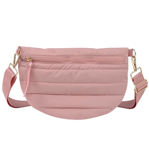 Quilted Puffer Belt Bag - Puffy Sling Fanny Pack Crossbody Chest Belt Bum Waist Purse Shoulder Bag for Women Gift - color: PINK
