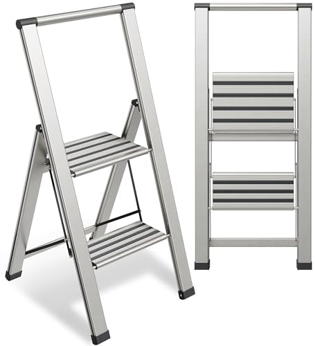 Step Ladder 2 Step Folding, Decorative - Modern Beautiful Aluminum, Lightweight, Ultra Slim Profile, Anti Slip Steps, Sturdy-Portable for Home, Office, Kitchen, Photography Use,by SORFEY - color: Aluminum, size: 2-Step