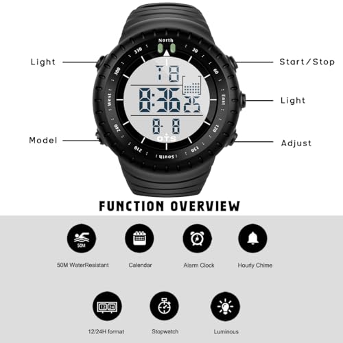 PALADA Men's Digital Sports Watch Waterproof Tactical Watch with LED Backlight Watches for Men - color: Dright Black