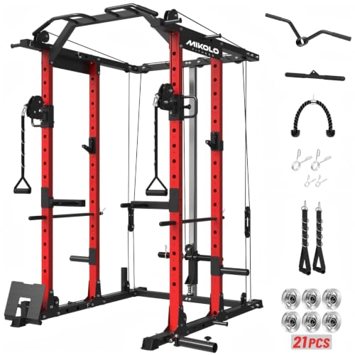Mikolo Power Cage, Power Rack with Cable Crossover System, 1500LBS Squat Rack with LAT Pull Down System, Workout Cage with Pulley System for Fitness Home Gym - color: Red, style: K6 Ultra (Aluminum Pulley)