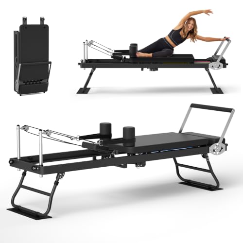 Foldable Pilates Reformer for Home Use Pilates Reformer Machine with Adjustable Resistance Bands Space-Saving Pilates Machine for Core Strength&Full Body Workout - color: Black