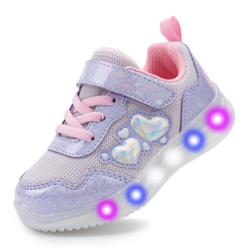YESKIS Toddler Boys Girls Light Up Shoes LED Flashing Lightweight Mesh Breathable Adorable Running Sneakers for Toddler and Little Kid - color: Diva Heart Purple Light Up Shoes, size: 5 Toddler