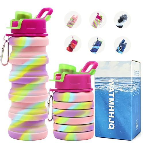 Silicone Collapsible Water Bottles, 16oz 500ml Portable Foldable Expandable Water Bottle Sports Cups, Leak Proof Reusable BPA Free, for Outdoor Activities Travel(Pink-B) - color: Pink-B