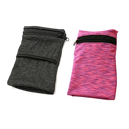 2PCS Outdoor Sports Wrist Wallet Breathable Absorbent Sweatband with Zippered Pocket Elastic Body-Fitting Mini Arm Bag Securely Carry Cell Phone Keys Cash Perfect for Running Walking Jogging Workout - color: purple + black