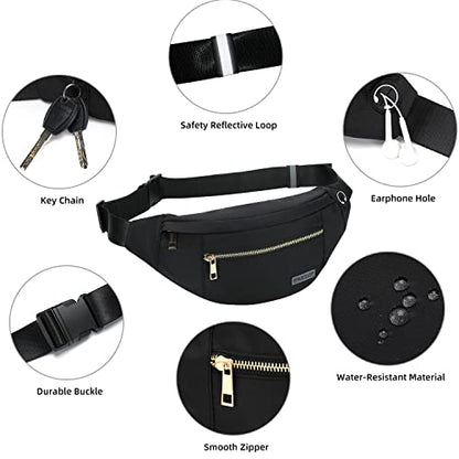 Fashion Cross body Fanny Pack Shoulder Bag for Women Men with Gold Zipper - color: Black(upgrade Fabric Gold Metal Zipper)