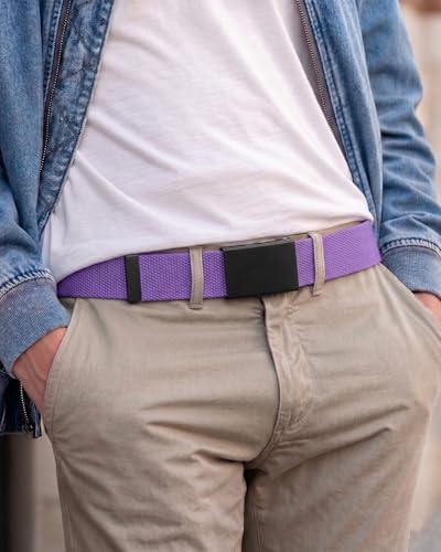 Mile High Life Cut To Fit Canvas Web Belt Size Up to 52" with Flip-Top Solid Black Military Buckle - color: 1 Pack Purple