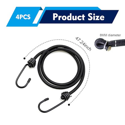 4 PCS 48 Inch Car Bungee Cords with Hooks, Heavy Duty Elastic Stretch Bungee Straps, Auto Cargo Tie-Downs, Universal for Cars, SUVs, Trucks, RVs, Off-Road (Black)