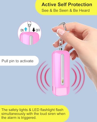Personal Alarm for Women, Rechargeable with Safety Lights & Low Battery Notice, 130dB Siren with LED Flashlight Strobe Light for Emergency, Dual Light Sources Safety Keychain - color: pink