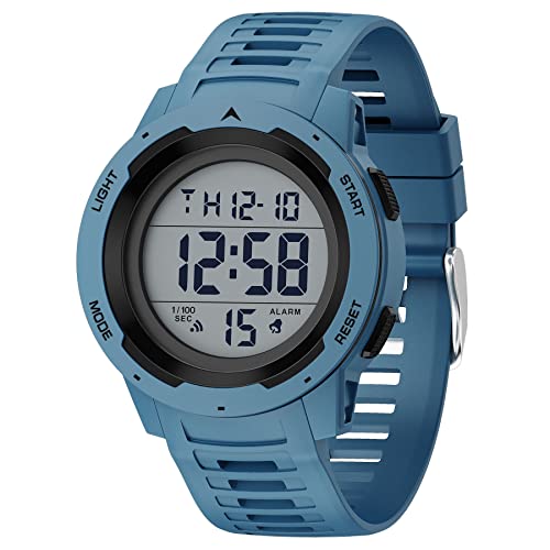 GOLDEN HOUR Mens Waterproof Digital Sport Watches Wide Screen Easy Read Display Military Style with Rubber Strap - color: blue