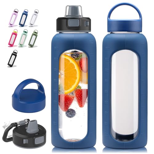 Kodrine Glass Water Bottle 32 oz with Straw and 2 Lids, Blue - color: Blue, size: 32 Ounces
