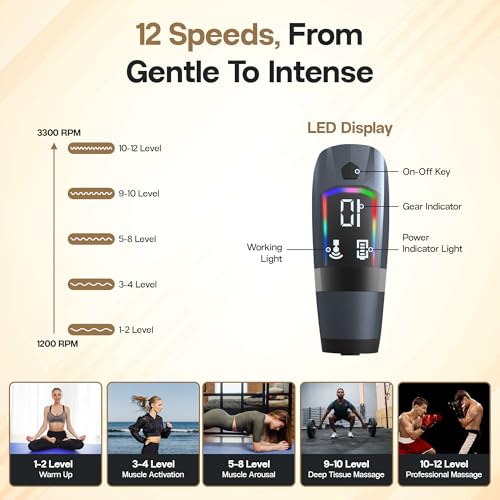 3-in-1 Detachable Deep Tissue Massage Gun with Long Extension Handle for Self-Back Massage and Pain Relief, 4 Massage Heads, 12 Speeds, Muscle Massager for Back, Shoulders, and Neck
