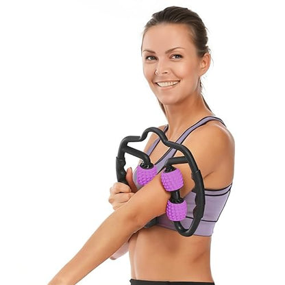 5 STAR SUPER DEALS Quad Roller Massage Stick- U Shaped 360° Deep Massage Ball Tool to Relieve Arm, Leg, Neck Muscle Soreness Stiffness and Tight Muscles (Pink) - color: Pink