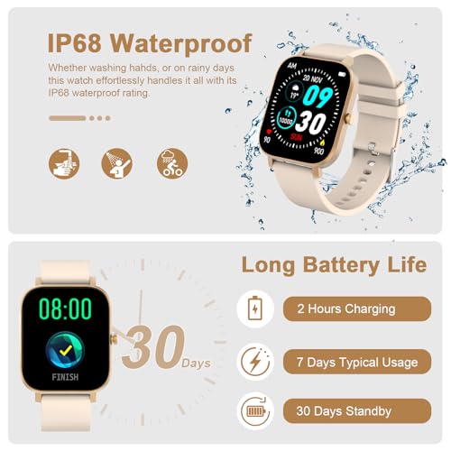 Smart Watch for Men Women Compatible with iPhone Samsung Android Phone 1.69 inch Full Touch Screen IP68 Waterproof Bluetooh Fitness Tracker Heart Rate/Sleep Monitor (Gold) - color: gold