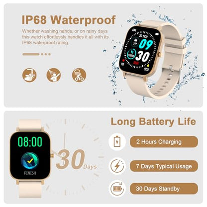 Smart Watch for Men Women Compatible with iPhone Samsung Android Phone 1.69 inch Full Touch Screen IP68 Waterproof Bluetooh Fitness Tracker Heart Rate/Sleep Monitor (Gold) - color: gold