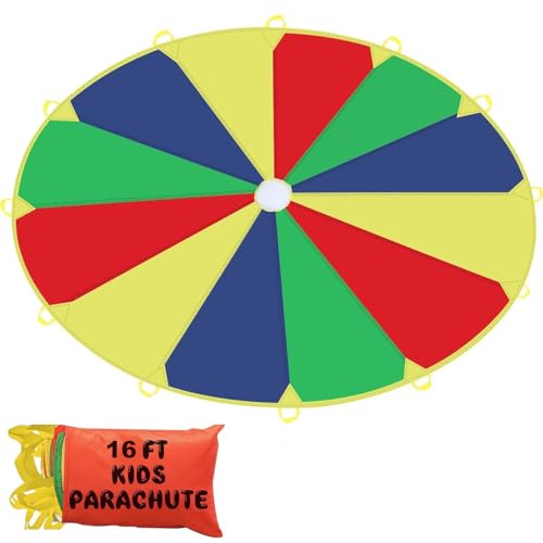 Sonyabecca Kids Play Parachute, Play Parachute 16ft with 12 Handles for Kids Cooperation Group Play - size: 16FT with 12 Handles