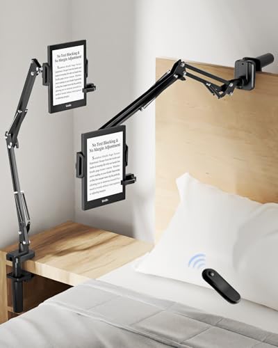 Kindle Holder with Remote Page Turner – Kindle Stand with Remote Page Turner for Bed, Hands-Free Clip Mount, Easy-Adjust Steel Arm (Not Gooseneck), No Text Blocking