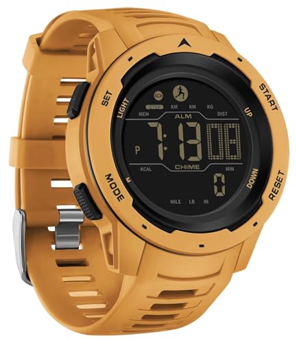 findtime Men's Digital Watch Waterproof Pedometer Watches Sport Watch Step Counter Calorie Military Watch with Stopwatch Alarm LED Backlight Countdown - color: yellow