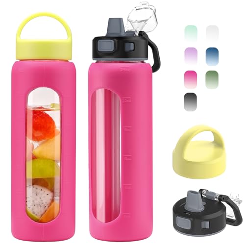 Kodrine 24oz Glass Water Bottle With Straw and 2 Lids, Rosered - color: Rose Red, size: 24 Ounces