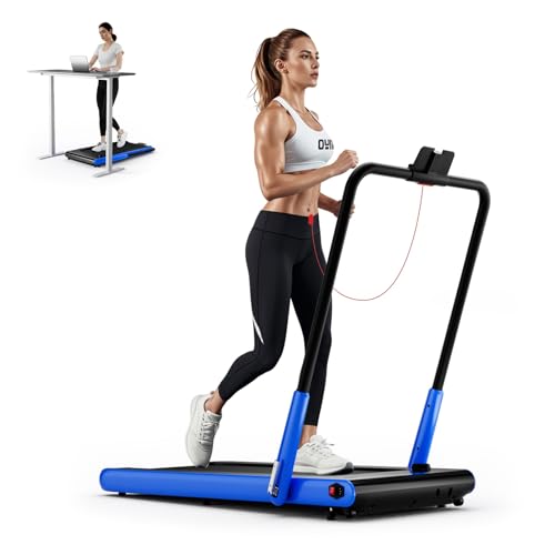 GYMAX Walking Pad Treadmill, 3HP Under Desk Treadmills with 340LBS Capacity, LED Display, Remote & APP Control, 3 in 1 Portable Compact Running Jogging Machine for Home Office Gym Exercise - color: Blue