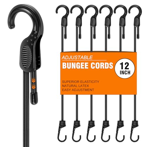 Adjustable Bungee Cords with Hooks 12 Inch, 6 PCS Small Bungee Cords Heavy Duty Outdoor Easily Adjust from 7" to 12", Elastic Bungee Straps for Tarps,Tents, Luggage, Cargo,Truck, Bikes - size: 12 Inch