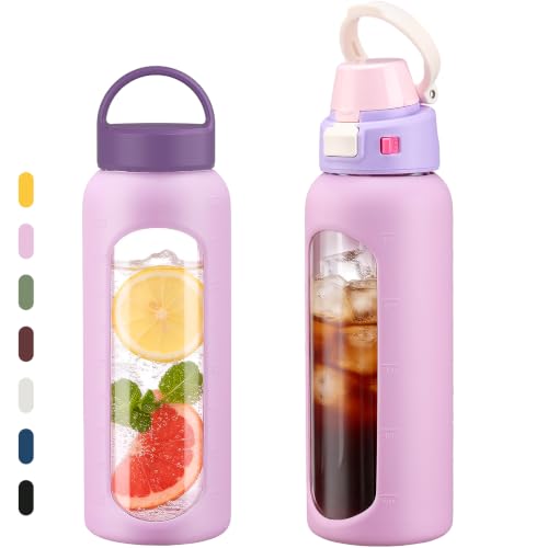 MUKOKO 32oz Glass Water Bottle with Straw, 2 Lids-Staw Lid and Screw Handle Lid, 1 Liter Reusable Drinking Bottle with Time Marker for Sports and Home, Pink - color: Pink, size: 32 Ounces