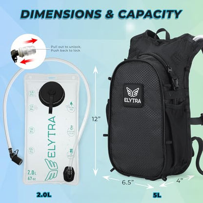 ELYTRA Air Hydration Pack with 2L Bladder, Magnetic Tube Clip | Customizable Rave & Festival Backpack | Lightweight Hydration Backpack for Hiking, Running, Biking & Outdoor Adventures - color: Black