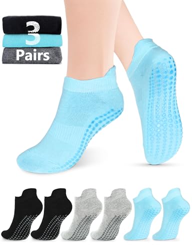 AURUZA Grip Socks for Women Men Pilates Grip Socks Non Slip Yoga Sock with Grips for Barre Barefoot Hospital Grippy Sock - color: 3 Pairs - Black/Light Grey/Blue, size: Small