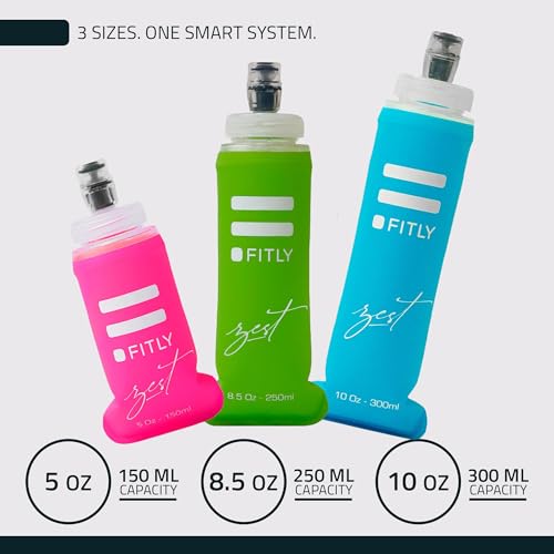 FITLY FLASKS Combo - 3 Handheld Soft Flask, Collapsible Water Bottles for Running, Marathon, Hiking, Cycling (5 oz, 8.5 oz, 13.5 oz / 150-250-400 ml) - color: Zest - Pink, Green, Blue, style: Modern