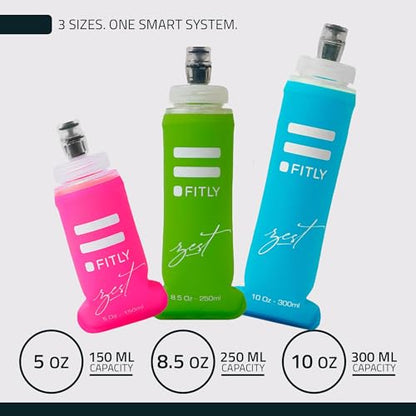 FITLY FLASKS Combo - 3 Handheld Soft Flask, Collapsible Water Bottles for Running, Marathon, Hiking, Cycling (5 oz, 8.5 oz, 13.5 oz / 150-250-400 ml) - color: Zest - Pink, Green, Blue, style: Modern