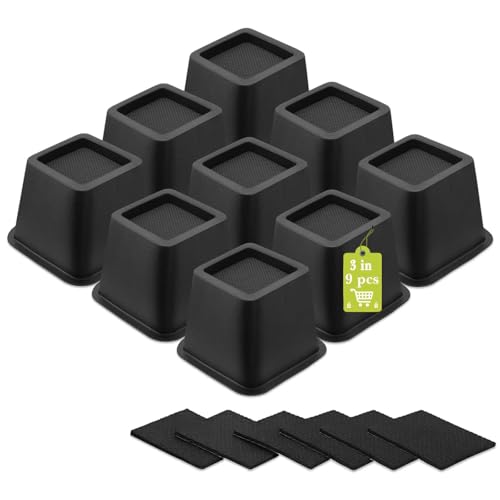 9 Pack Furniture Risers 3 Inch, Bed Risers Heavy Duty for Table Desk Couch Chair Sofa Cabinet Bed Frame Dorm, Square Table Leg Risers Lift Height 3", Black - color: Black 9 Pack, size: 3 Inch