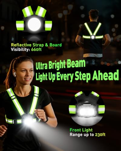 Running Chest Light [2 Color & 7 Modes] 500LM High-Visibility Reflective Running Vest Light with Adjustable 45° Beam, Waterproof Safety Light for Night Running Walking Hiking Camping Cycling Jogging - size: Front Light
