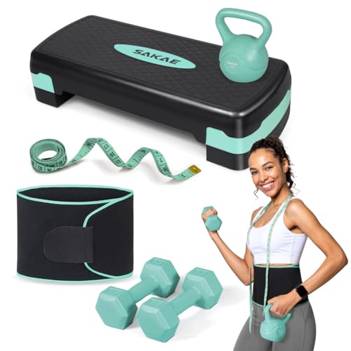 Adjustable Height Aerobic Stepper Set, Multiple Bundle Options with Dumbbells, Kettlebell, Waist Trimmer, Ankle Weights or Weighted Vest, Workout Exercise Step Platform w/Level Risers, 4 Colors - color: Green Black, size: f. W/ Dumbbells & Kettlebell & Wa