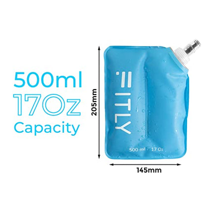 FITLY Soft Flask - Collapsible Water Bottle with Hydration Tube - Shrinks As You Drink Portable Water Bladder for Running Vest Hydration Pack, Hiking, Backpacking & Cycling - 17oz (FLASK500ml)