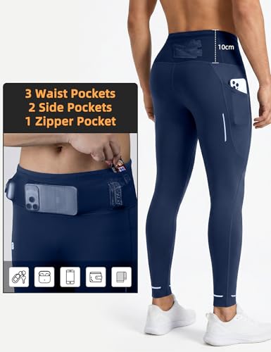 Mens Compression Pants with Pockets Quick-Dry Running Tights Spandex - color: Blue, size: X-Large