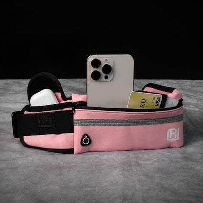 Slim Running Belt for Women & Men – Waterproof Waist Pack for Jogging, Hiking & Gym – Workout Belt Bag with Reflective Strip & Phone Holder - color: Pink