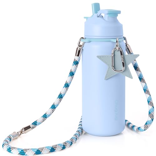 Cute Water Bottle with Strap, 32oz Insulated Stainless Steel Bottle for Girls, Travel & Daily Carry, Leak-Proof, Straw & Spout Lid, BPA-Free, Keeps Drinks Cold - color: Misty Lagoon, size: 32 Ounces
