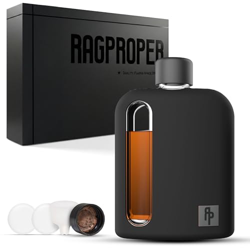 Ragproper Glass Hip Flask for Men – Modern Whiskey & Liquor Flask with Cork & Silicone Lid Liners, Durable Silicone Covered Double Shot Flask Bottle (8oz, 240ml, Black) - color: Silicone Black, size: Bag Flask 8 oz