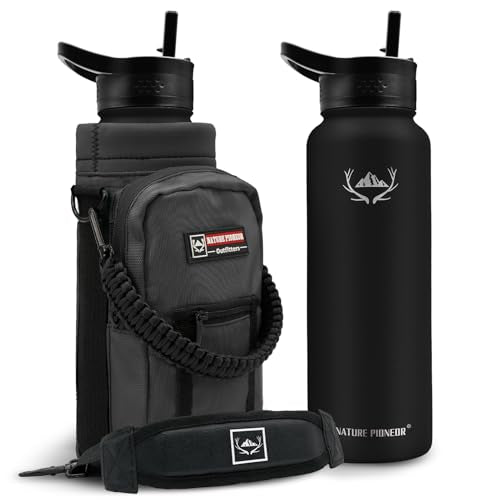 NATURE PIONEOR 40 oz Insulated Water Bottle with Carrier Bag & 3 Lids - color: Black, size: 40 Ounces