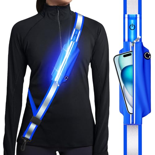 Ylzzrs Reflective Sash Gear for Walking at Night,LED Reflective Belt Safety Lights,Lights for Night Dog Walking,High Visibility Type-C Rechargeable with Phone Holder for Men Women - color: Blue