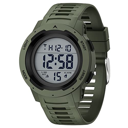 GOLDEN HOUR Mens Waterproof Digital Sport Watches Wide Screen Easy Read Display Military Style with Rubber Strap - color: green