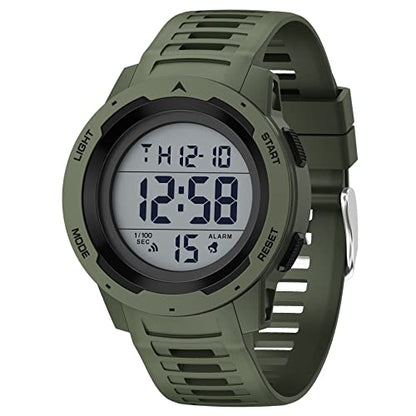 GOLDEN HOUR Mens Waterproof Digital Sport Watches Wide Screen Easy Read Display Military Style with Rubber Strap - color: green