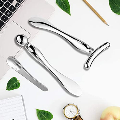 Pimoys 3-Piece Metal Eye Cream Applicator Tool, Roller, Spoon, Silver - color: Silver