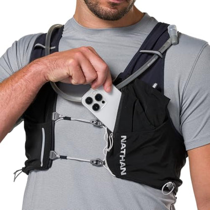 Nathan Hydration Vest 12L for Running & Hiking - Quick-Fit Adjustments, Breathable Mesh, 1.6L Insulated Bladder, Lightweight 8.8 oz, 6 Power Mesh Pockets, Diagonal Zip - Pinnacle Pro - size: X-Small, style: Black