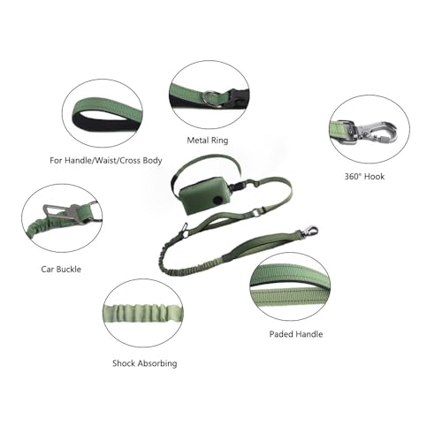 Hands Free Dog Leash for Large Medium Dogs Heavy Duty Bungee Reflective Adjustable Waist Leashes for Walking Running with Zipper Pouch 6-9FT (Green-1 with 6-9FT) - color: Green-1 with 6-9FT