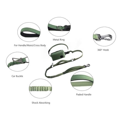 Hands Free Dog Leash for Large Medium Dogs Heavy Duty Bungee Reflective Adjustable Waist Leashes for Walking Running with Zipper Pouch 6-9FT (Green-1 with 6-9FT) - color: Green-1 with 6-9FT