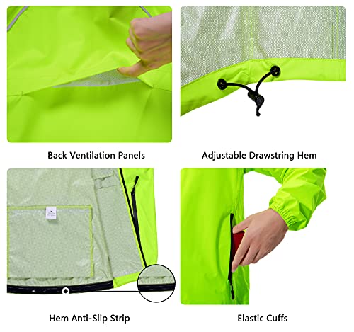 Hugut Men's Cycling Running Rain Jacket Lightweight Waterproof Biking Hiking Windbreaker Raincoat Reflective Packable - color: Fluorescent Yellow, size: X-Large