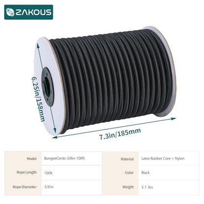 Strong and Durable Bungee Cord - 3/8" x 100ft Elastic Cord, Kayak Stretch String Rope, Bungee Shock Cords for Repairing Tent Poles, DIY, Tie Downs, Black - size: 3/8" x 100ft