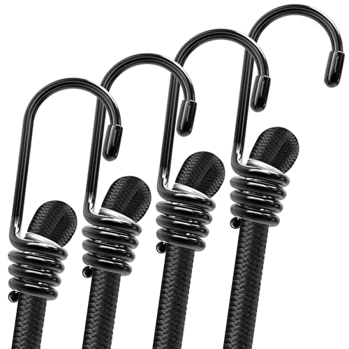 Bungee Cords with Hooks - Latex Made Heavy Duty Weatherproof & UV - Resistant Elastic Bungee Straps (Black, 60 Inches - Pack of 4) - size: 60 Inches - Pack of 4