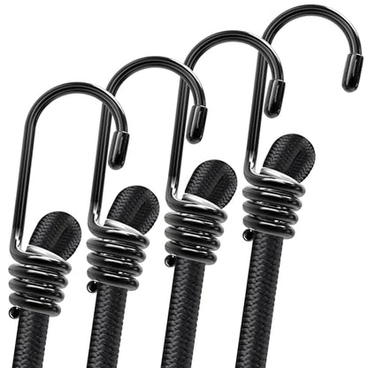 Bungee Cords with Hooks - Latex Made Heavy Duty Weatherproof & UV - Resistant Elastic Bungee Straps (Black, 60 Inches - Pack of 4) - size: 60 Inches - Pack of 4
